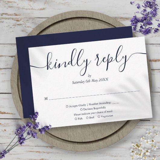 Einfache Elegant Navy Blue Script Auswahl RSVP Karte