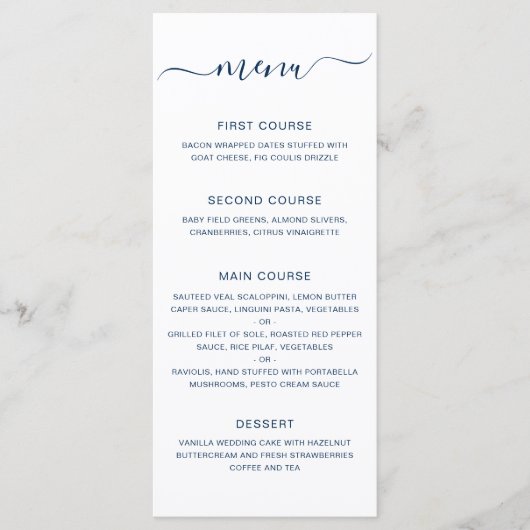 Einfache Elegant Navy Blue Wedding Menükarte (Vorderseite)