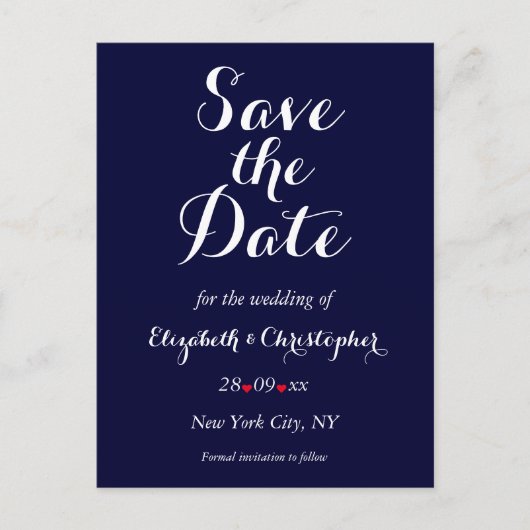 Einfache Elegant Navy Blue Wedding speichern das D Postkarte (Vorderseite)