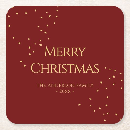 Einfache Elegant Red & Gold Confetti Frohe Weihnac Rechteckiger Pappuntersetzer (Vorderseite)