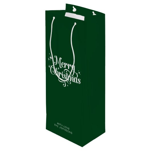 Einfache Elegant Retro Script Green Frohe Weihnach Geschenktüte Für Weinflaschen (Rückseite Schrägansicht)