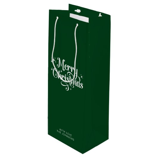 Einfache Elegant Retro Script Green Frohe Weihnach Geschenktüte Für Weinflaschen (Vorderseite Schrägansicht)