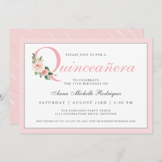 Einfache Elegant Rosa Flora Quinceanera Geburtstag Einladung (Vorne/Hinten)