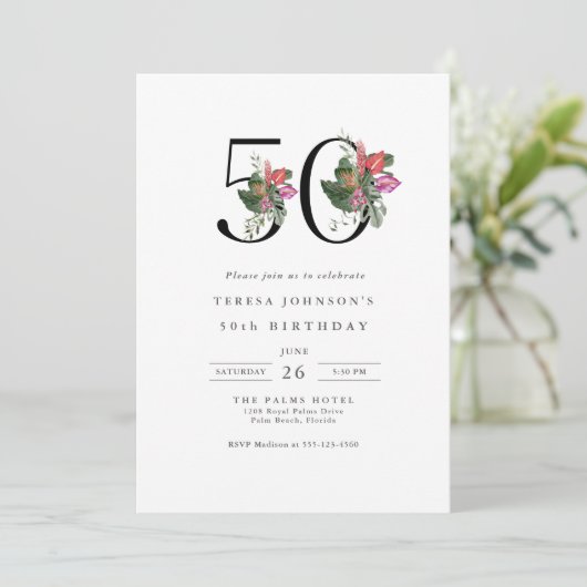 Einfache Elegant Tropical 50. Geburtstag Einladung (Stehend Vorderseite)