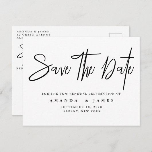 Einfache Elegant Vow Erneuerung Save the Date Ankündigungspostkarte (Vorne/Hinten)