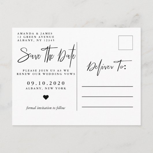 Einfache Elegant Vow Erneuerung Save the Date Ankündigungspostkarte (Rückseite)