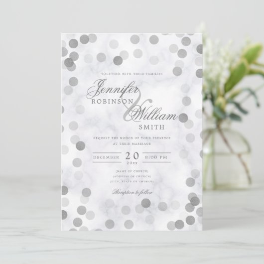 Einfache Elegant Wedding Silver Confetti Marmor Einladung (Stehend Vorderseite)