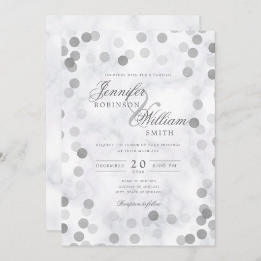 Einfache Elegant Wedding Silver Confetti Marmor Einladung (Vorne/Hinten)