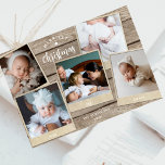 Einfache Elegant Wood Multi Foto Collage Weihnacht Feiertagskarte<br><div class="desc">Gestalten Sie Ihren eigenen rustikalen Urlaub mit einer Postkarte aus mehreren Fotos, mit diesem hübschen, einfachen Design mit Bauernholz als Hintergrund für die fünf Lieblings-Schnappschüsse Ihrer Familie und Ihren individuellen Gruß in Weiß. Unter den Bildern steht das Wort: Liebe, Freude, Ruhe. Die schönsten Weihnachtsferien sind in handgeschriebenem, elegantem Drehbuch und...</div>