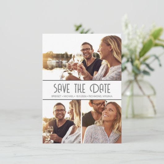 Einfache elegante 3-Foto-Hochzeit speichern das Da Save The Date (Stehend Vorderseite)