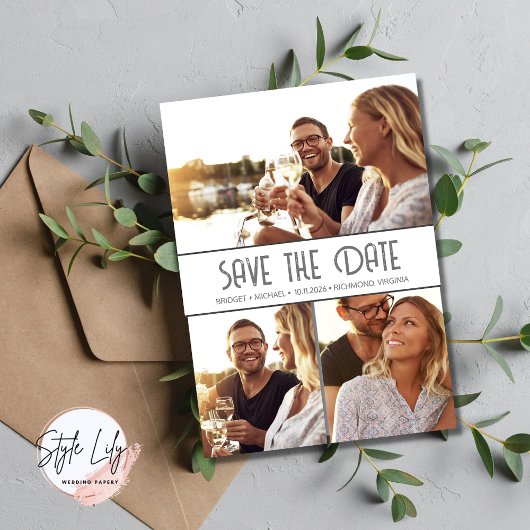 Einfache elegante 3-Foto-Hochzeit speichern das Da Save The Date