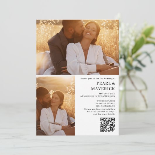Einfache, elegante 3-Foto-qr-Code Schwarz-weiße Ho Einladung (Stehend Vorderseite)