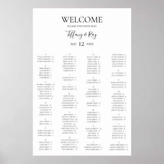 Einfache, elegante Alphabetische Sitzkarte Poster (Vorne)
