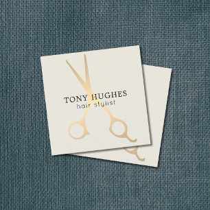 Einfache Elegante Alte weiße Goldschere Friseurin Quadratische Visitenkarte