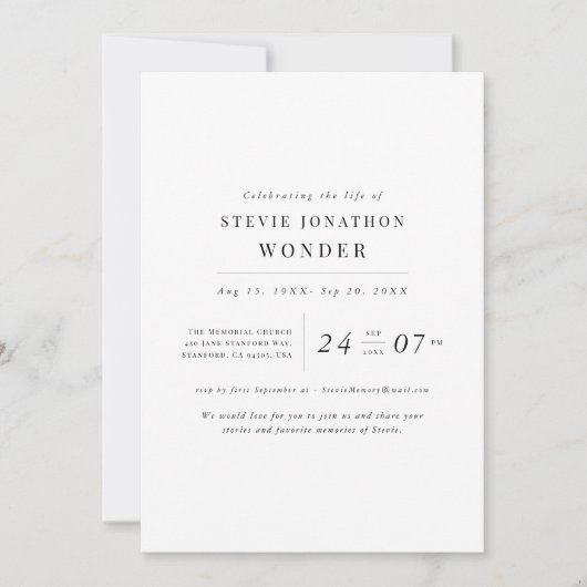 Einfache Elegante Beerdigung Gedächtnisfeier zum T Einladung (Vorderseite)