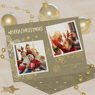 Einfache elegante Beige 2-Fotorahmen-Familie Folien Feiertagskarte