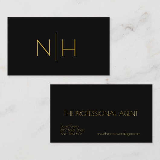 Einfache elegante Black & Gold Monogram Beruflich Visitenkarte (Vorne/Hinten)