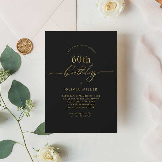 Einfache Elegante Black Gold Script 60. Geburtstag Einladung