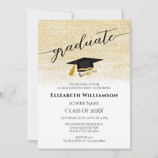 Einfache Elegante Black Gold Script Graduation Par Einladung (Vorderseite)
