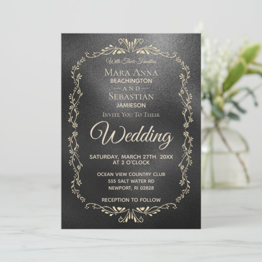 *~* Einfache, elegante Black Iridescent Gold Hochz Einladung (Stehend Vorderseite)