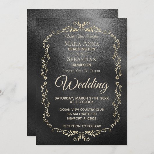 *~* Einfache, elegante Black Iridescent Gold Hochz Einladung (Vorne/Hinten)