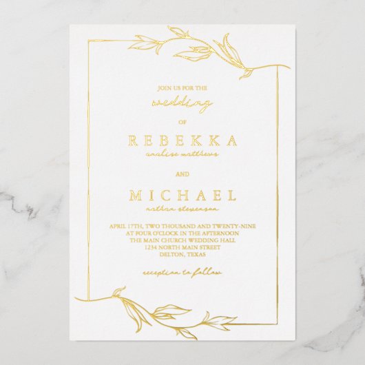 Einfache elegante Blätter White Wedding Real Folieneinladung (Vorderseite)