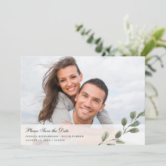 Einfache elegante Blätter | Zwei Fotos Save The Date (Stehend Vorderseite)