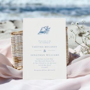 Einfache elegante blaue Muschel Strandhochzeit Einladung
