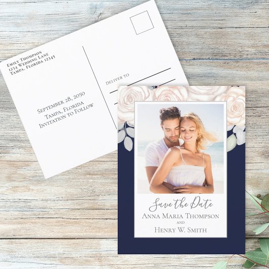 Einfache Elegante Blauen Navy Blush Rose Bouquet Postkarte