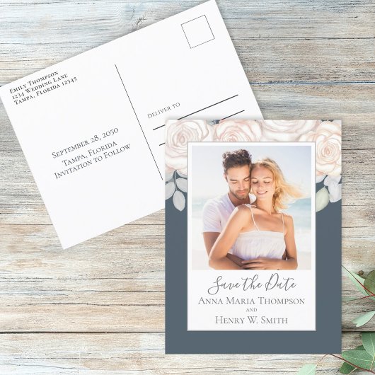 Einfache Elegante Blues Grau Rose Bouquet Postkarte