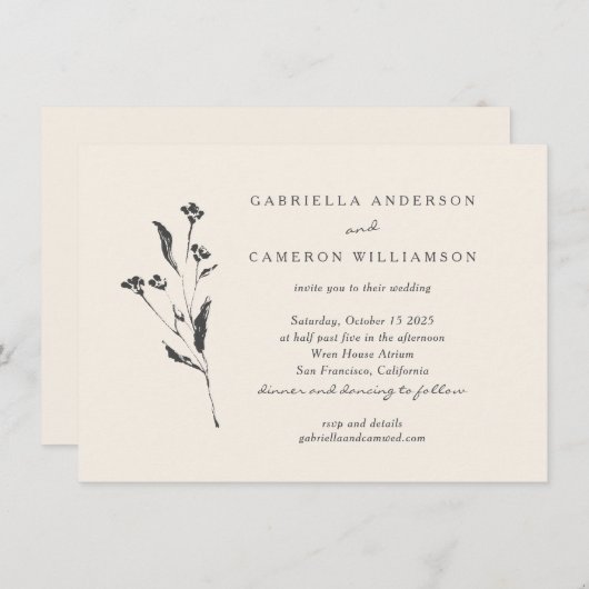 Einfache Elegante Blumenhochzeit Elfenbeinschwarz Einladung (Vorne/Hinten)