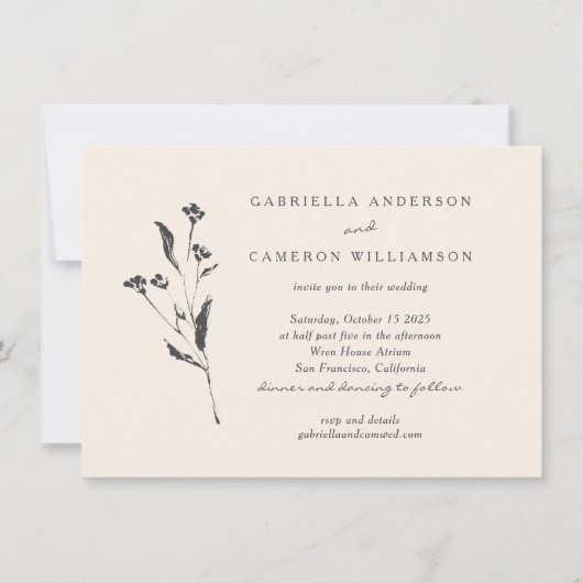 Einfache Elegante Blumenhochzeit Elfenbeinschwarz Einladung (Vorderseite)