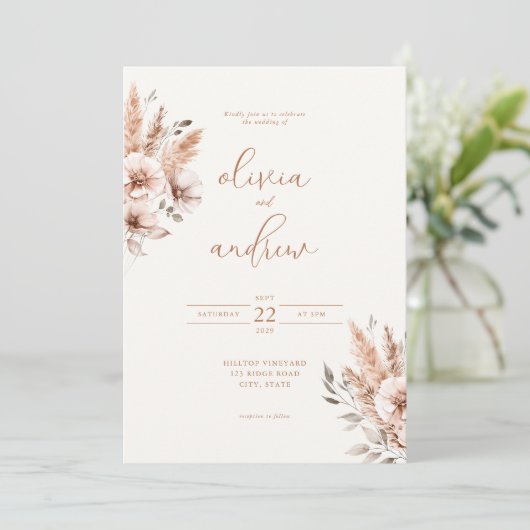 Einfache Elegante Bohemische Blumenhochzeit Einladung (Stehend Vorderseite)