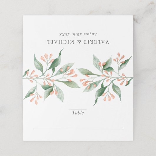 Einfache elegante Botanische Hochzeit Platzkarte (Außenseite Aufgefaltet)