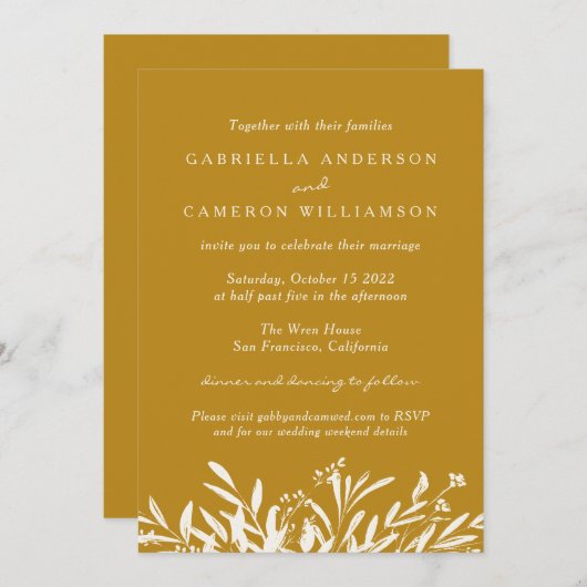 Einfache Elegante Botanische Mustard Boho Hochzeit Einladung (Vorne/Hinten)