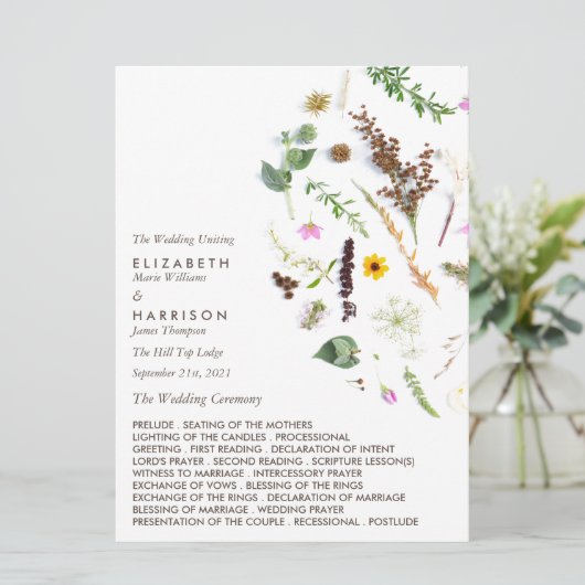 Einfache, elegante Botanische Wilde Blume Hochzeit Programm (Stehend Vorderseite)