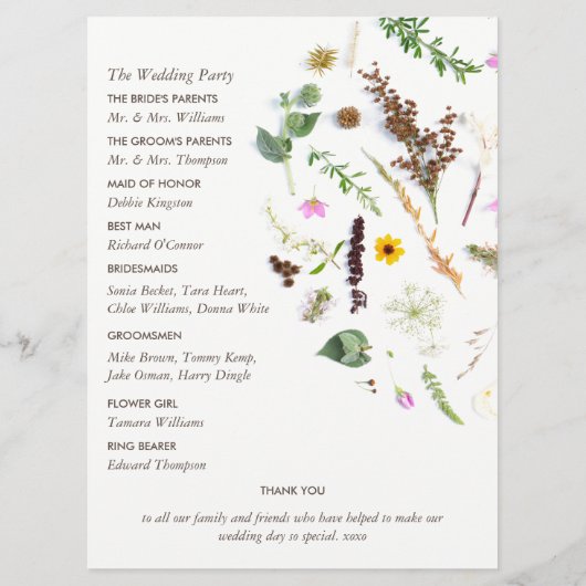 Einfache, elegante Botanische Wilde Blume Hochzeit Programm (Rückseite)