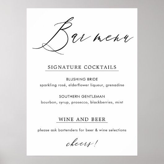 Einfache Elegante Calligrafy Bar Menu Sign Poster (Vorne)