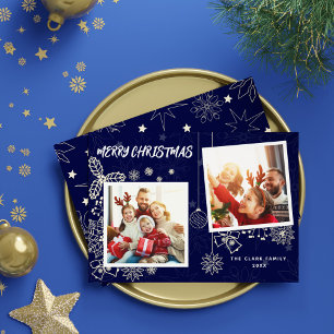 Einfache Elegante Dunkelblau-2-Fotorahmen-Familie Feiertagskarte