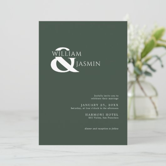Einfache, elegante, dunkelgrüne Hochzeit "Wir" Einladung (Stehend Vorderseite)