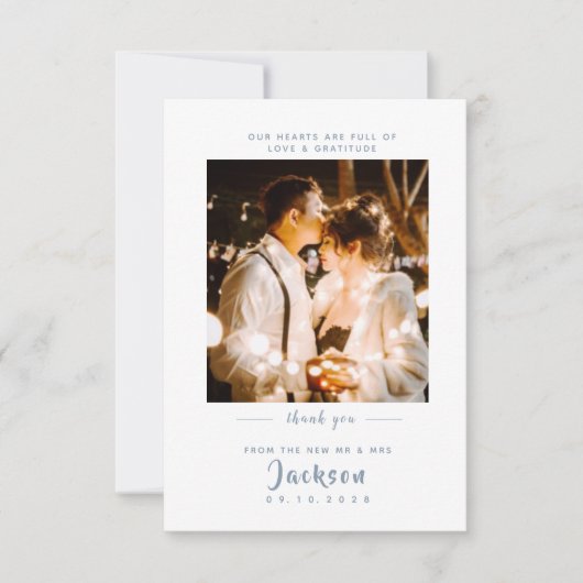 Einfache, elegante Duschblau mit Foto Wedding Dankeskarte (Vorderseite)