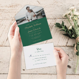Einfache Elegante Emerald Green Gold Foto Hochzeit All In One Einladung