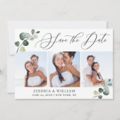 Einfache Elegante Eucalyptus 3 Foto Hochzeit Save The Date (Vorderseite)