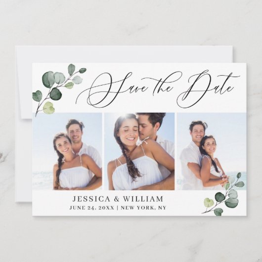 Einfache Elegante Eucalyptus 3 Foto Hochzeit Save The Date (Vorderseite)