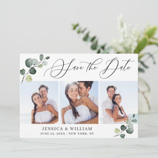 Einfache Elegante Eucalyptus 3 Foto Hochzeit Save The Date (Stehend Vorderseite)