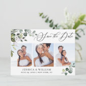 Einfache Elegante Eucalyptus 3 Foto Hochzeit Save The Date (Stehend Vorderseite)