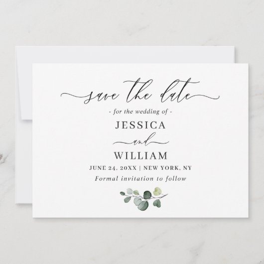 Einfache Elegante Eucalyptus 3 Foto Hochzeit Save The Date (Rückseite)