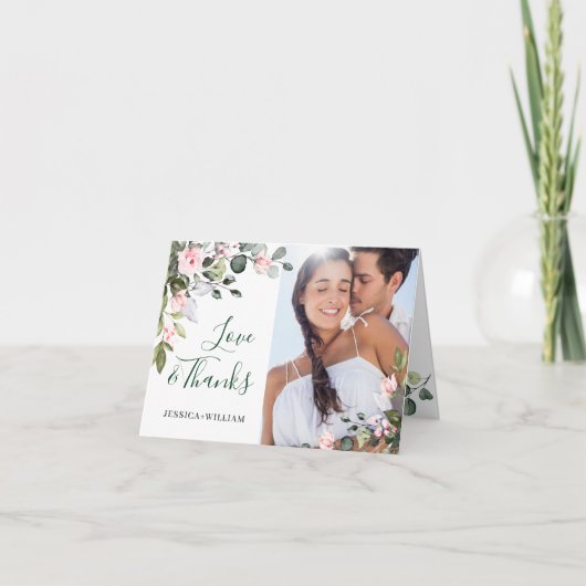 Einfache Elegante Eukalyptus Blush Pink Roses Hoch Dankeskarte (Vorderseite)