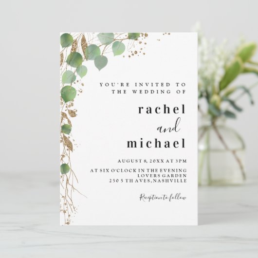 Einfache, elegante Eukalyptus-Glitzer Einladung (Stehend Vorderseite)