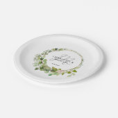 Einfache, elegante Eukalyptus-Hochzeit auf Monogra Pappteller (Schrägansicht)